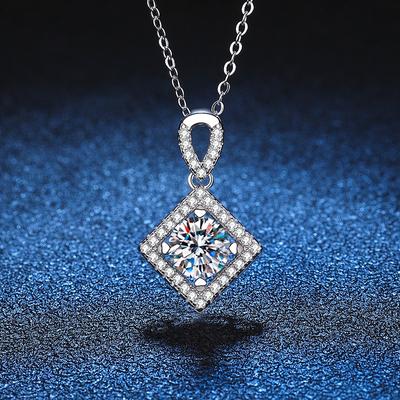 Womens Geometric Square Pendant Necklace D Color Moissanite Platinum Plated 950 1 Carat With Certificate