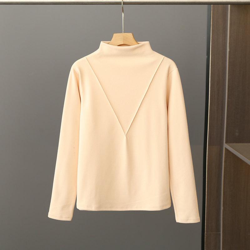 Women's Black Long-Sleeve Half-Turtleneck German Velvet Shirt - Stylish V-Cut Design for Autumn and Winter