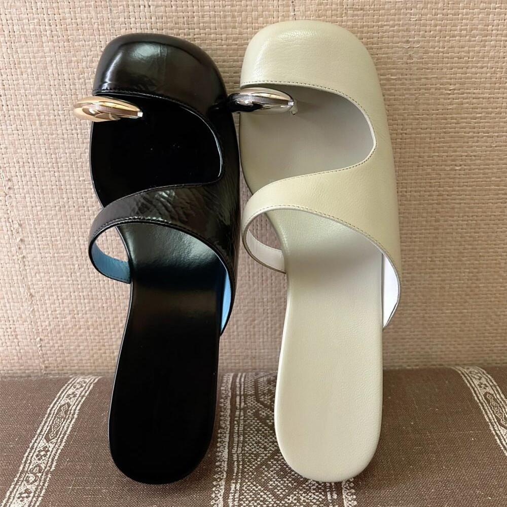 Женские тапочки с круглым носком для женщин с полыми металлическими носками, полутапочки на танкетке, женские мюли из натуральной кожи, повседневная пляжная обувь