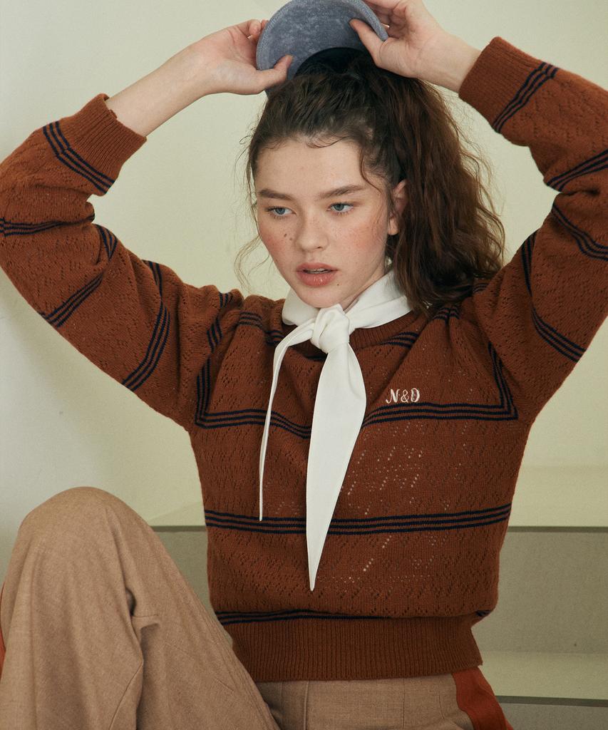 NEAR&DEAR Scaly Stripe Knit Top_Brown