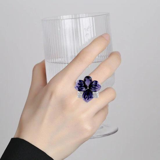 Women Ring 3D Flower Shape Rhinestone Decor Enamel Polished Copper Anniversary Gift Wedding Party Banquet Cocktail Jewelry