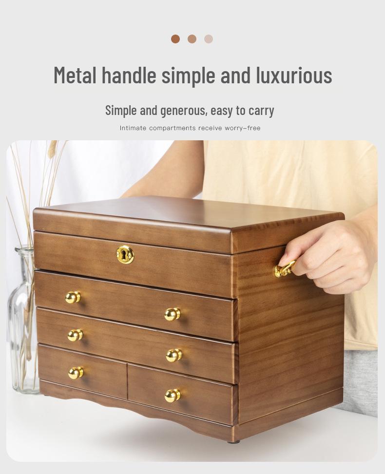 Mid-Century Solid Wood Jewelry Box with Lock: Multi-Layer Storage and Velvet Interior