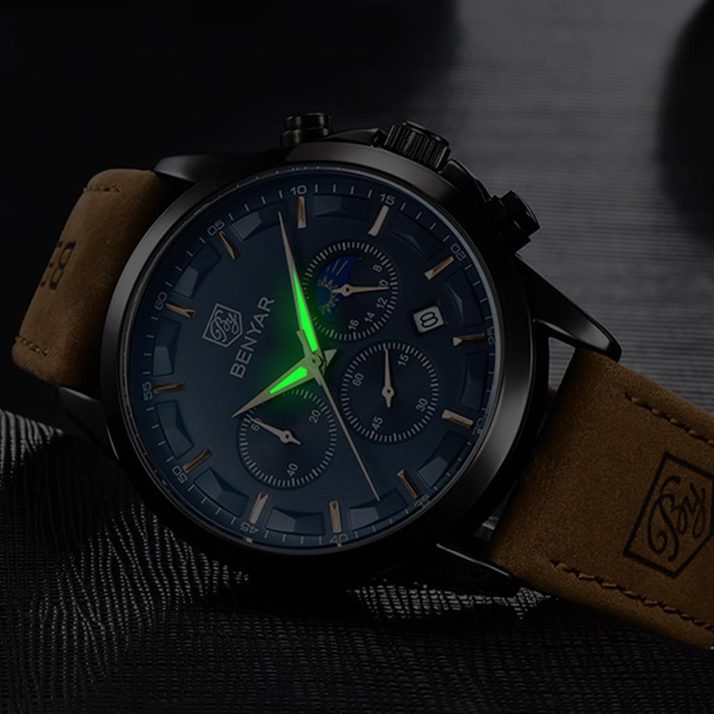 BENYAR AKNIGHT Japanese Stainless Leather Compatible with Business Casual Sports Chronograph Included Men's Watch, Quartz, Steel, Strap, Watches,