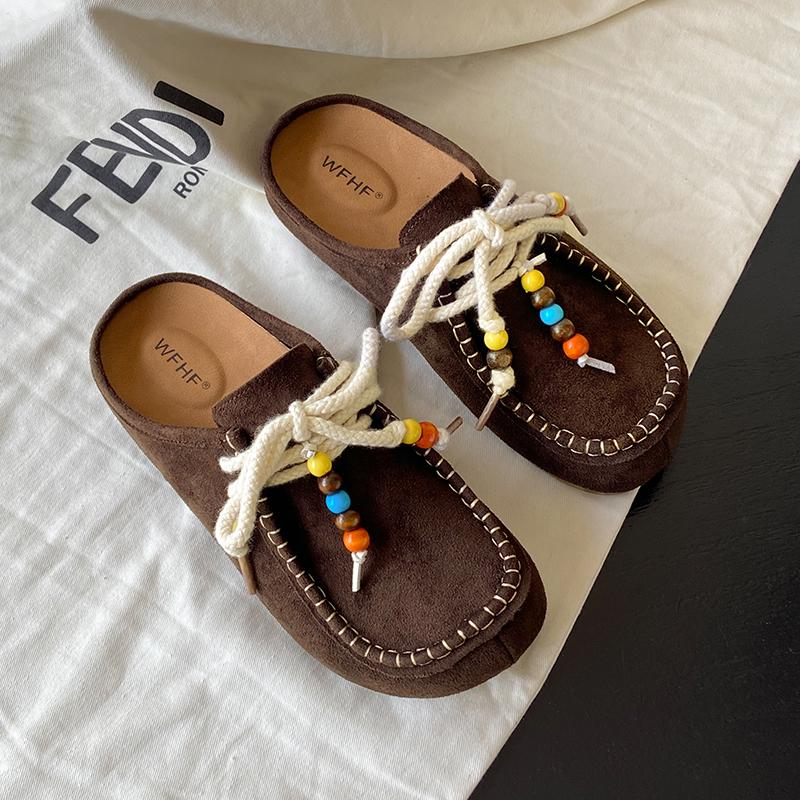 Женские туфли на плоской подошве с закрытым носком, с ремешком сзади, на шнуровке, с бисером, слипоны, с внутренней платформой, тапочки, универсальные, ретро, замшевые, женские туфли