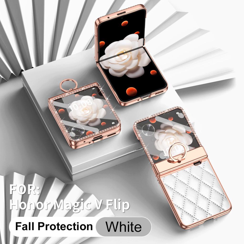 Чехол-держатель для кольца из гальванизированной кожи для Honor Magic V Flip, роскошная защитная крышка для линз с бриллиантами для Honor MagicV Flip LRA-AN00