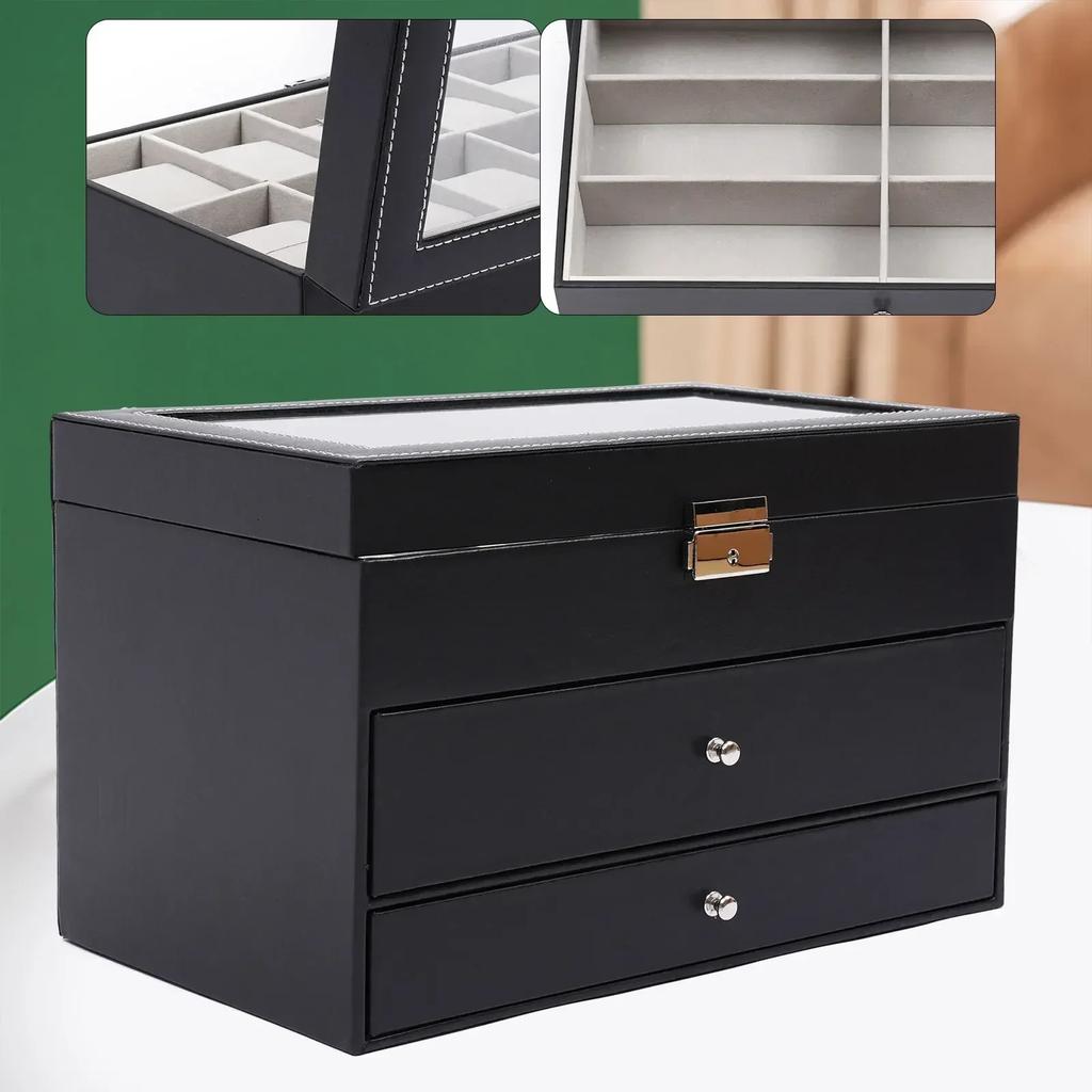 3 Layer Leather Watch And Eyeglasses & Sunglasses Box With Jewelry Display Drawer Metal Buckle Case Organizer Black