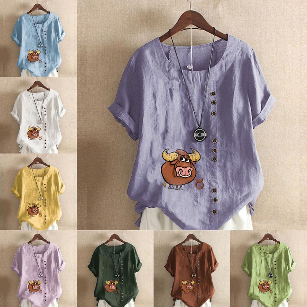 Women's Fashion Cattle Prined Round Neck Short Sleeve T-shirt Casual Cotton Linen Graphic Shirt Leisure Loose Summer Blouse Tops