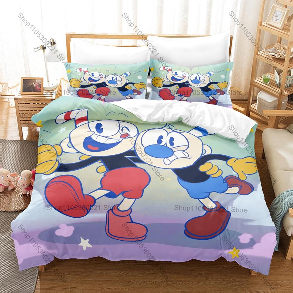 Cuphead and Mugman Bedding Set Duvet Cover + 2 Pillowcases Retro Cartoon Game Bedroom Decor