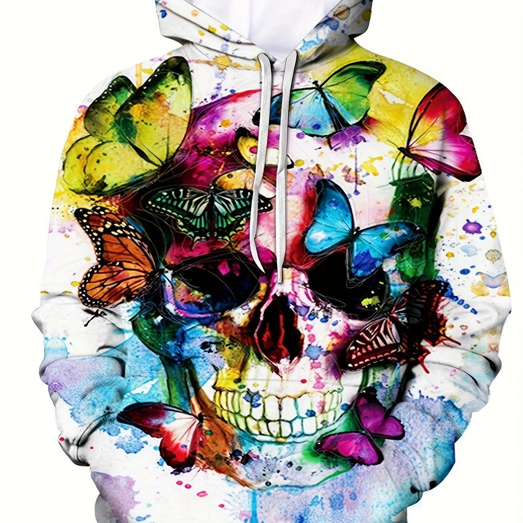 Mens Fashionable Skull Graphic Hoodie 3D Printed Breathable Wear Ideal Outdoor Adventures Sporty Hooded Shirt Men