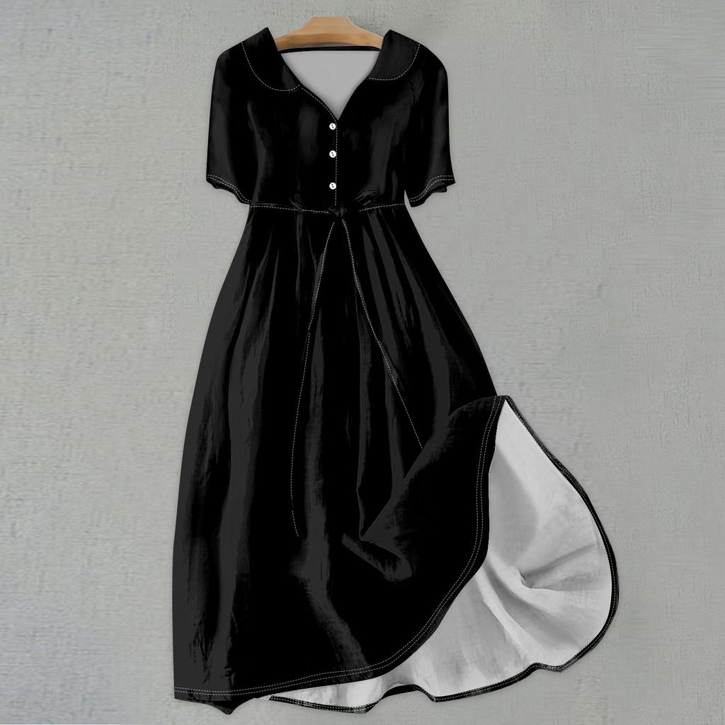 Женская мода сплошной цвет воротник с лацканами пуговицы с коротким рукавом одежда ремни платье