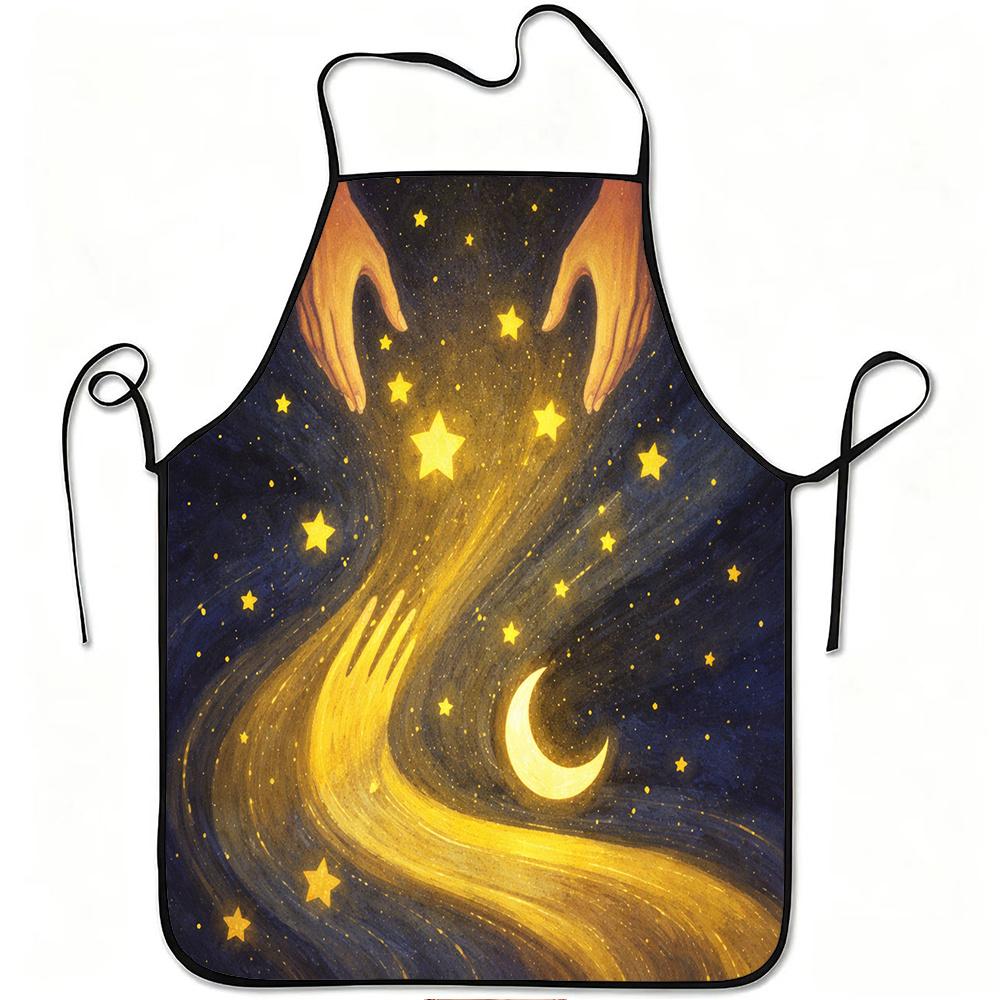 1pc Starry Sky Moon And Hands Artistic Print Apron, Durable And Easy to Clean, Adjustable Waistband, Polyester Material, for Kitchen Cooking, Gardenin