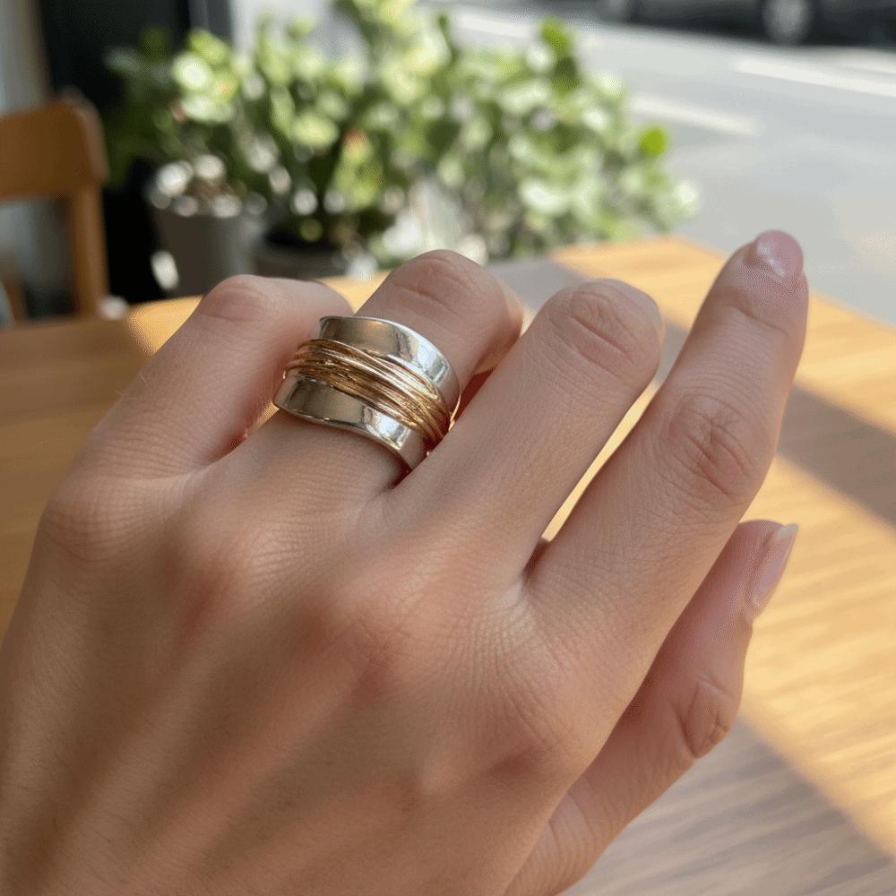 Engraved Line Two-tone Ring Double Layer Punk Style Ring  Holiday Accessories