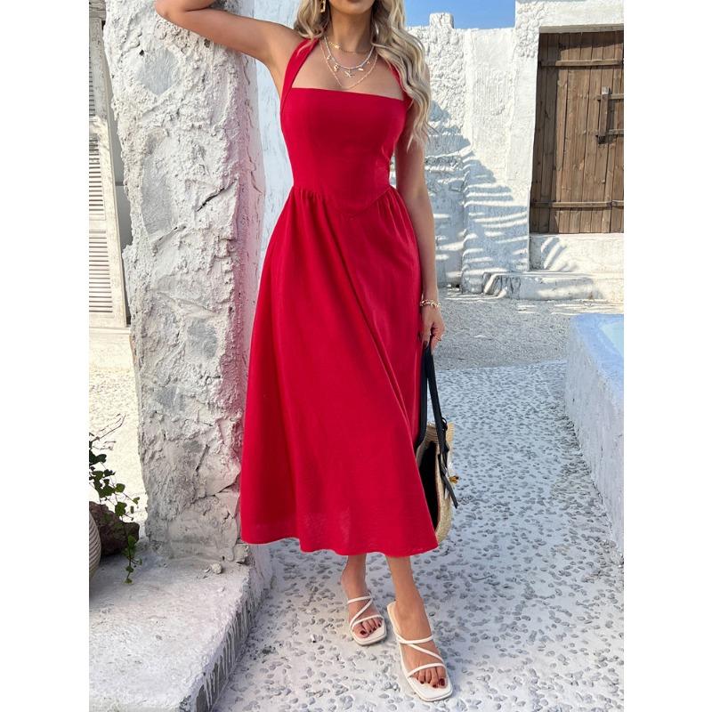 Women Vacation Style Solid Color High Waist Sleeveless Hanging Neck Long Dresses