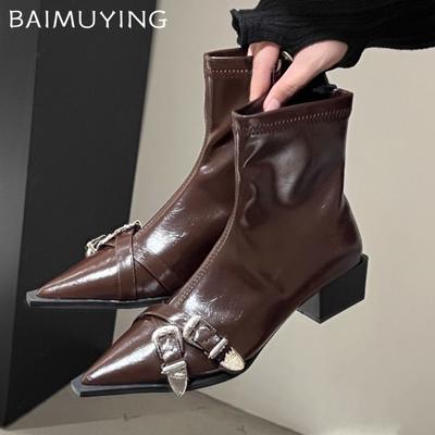 Женские ботильоны из массивной кожи с острым носком, сексуальные дизайнерские туфли на среднем каблуке, зимняя обувь 2025 года, модные туфли-лодочки в готическом стиле Botas De Mujer