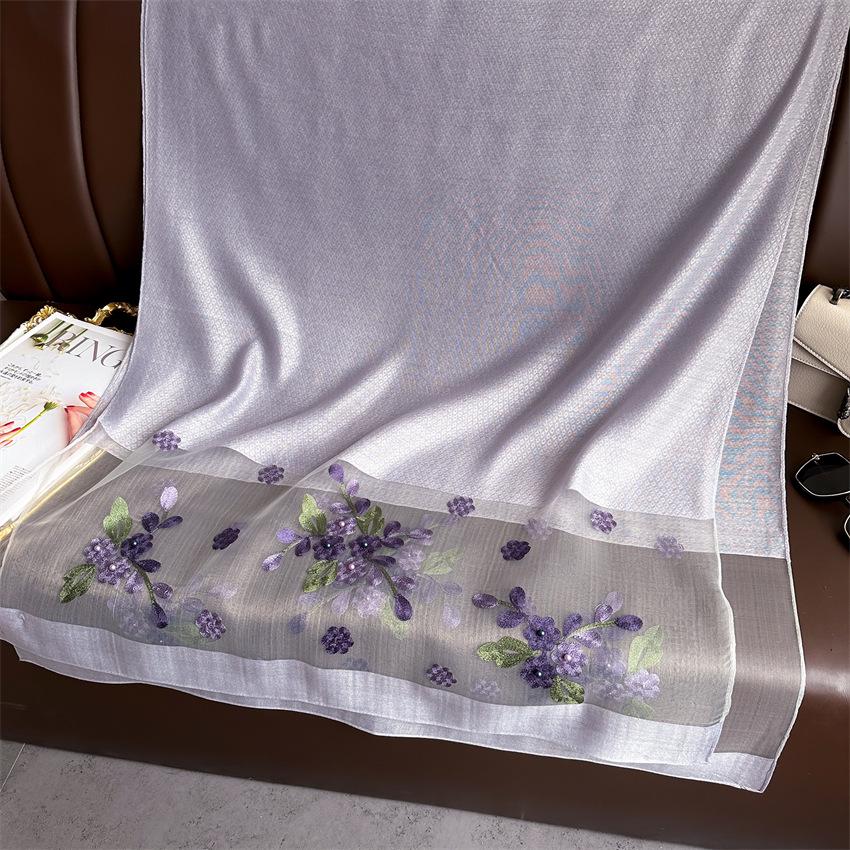 Elegant Silk Wool Embroidered Crabapple Flower Scarf - Double Layer, Thin, Large Shawl, Solid Color, All-Season Accessory.