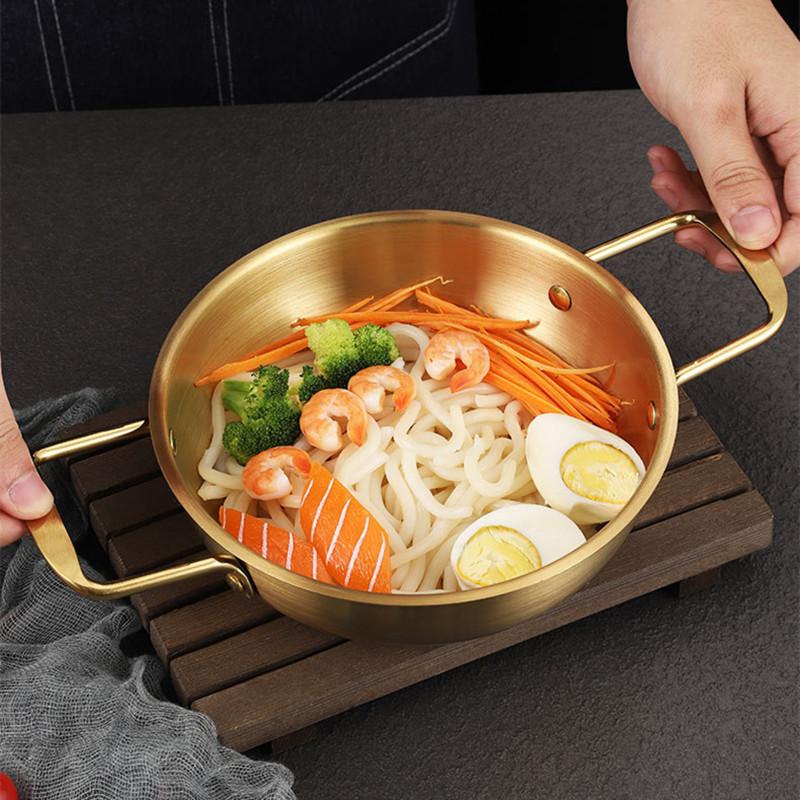 Нержавеющая сталь миска для рамена с двойной ручкой, тарелки для морепродуктов, корейские миски для лапши, ресторан, кемпинг, золотая кастрюля