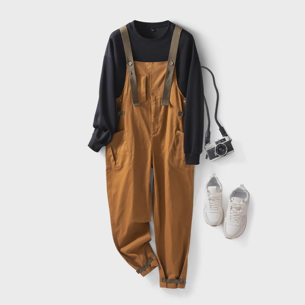 Nijiang American Retro Loose Khaki BF Straight Bib Overalls - Men's Casual One-Piece Long Pants