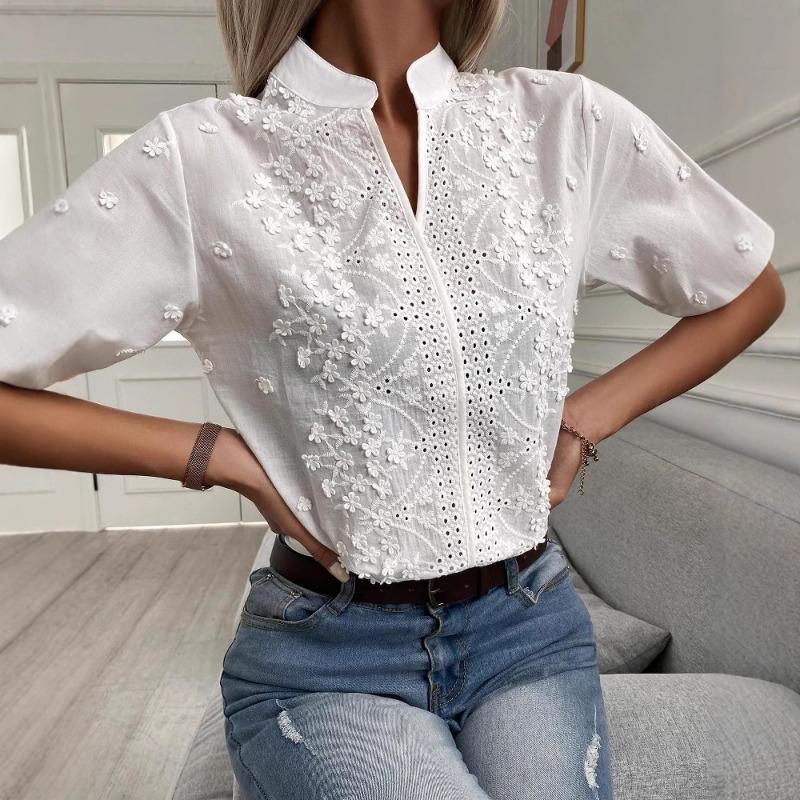 Women Embroidered Lace Stand Collar Short Sleeve Loose Blouse