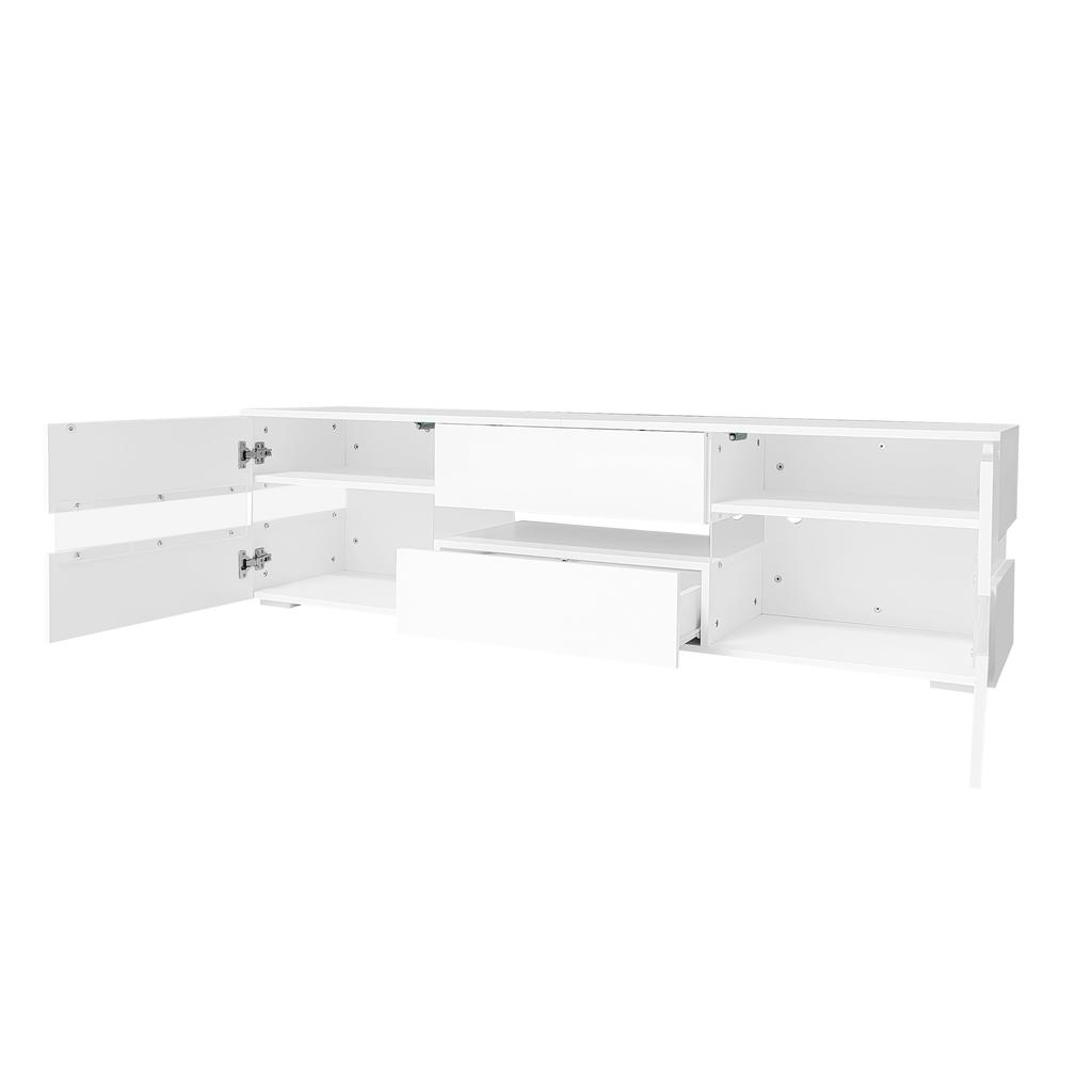 Modern White High-Gloss TV Cabinet, 160x39x45 cm, LED Lighting, 2 Doors, 1 Drawer, Open Compartment, 70-Inch TVs, Acrylic Glass Insert, Push-to-Open
