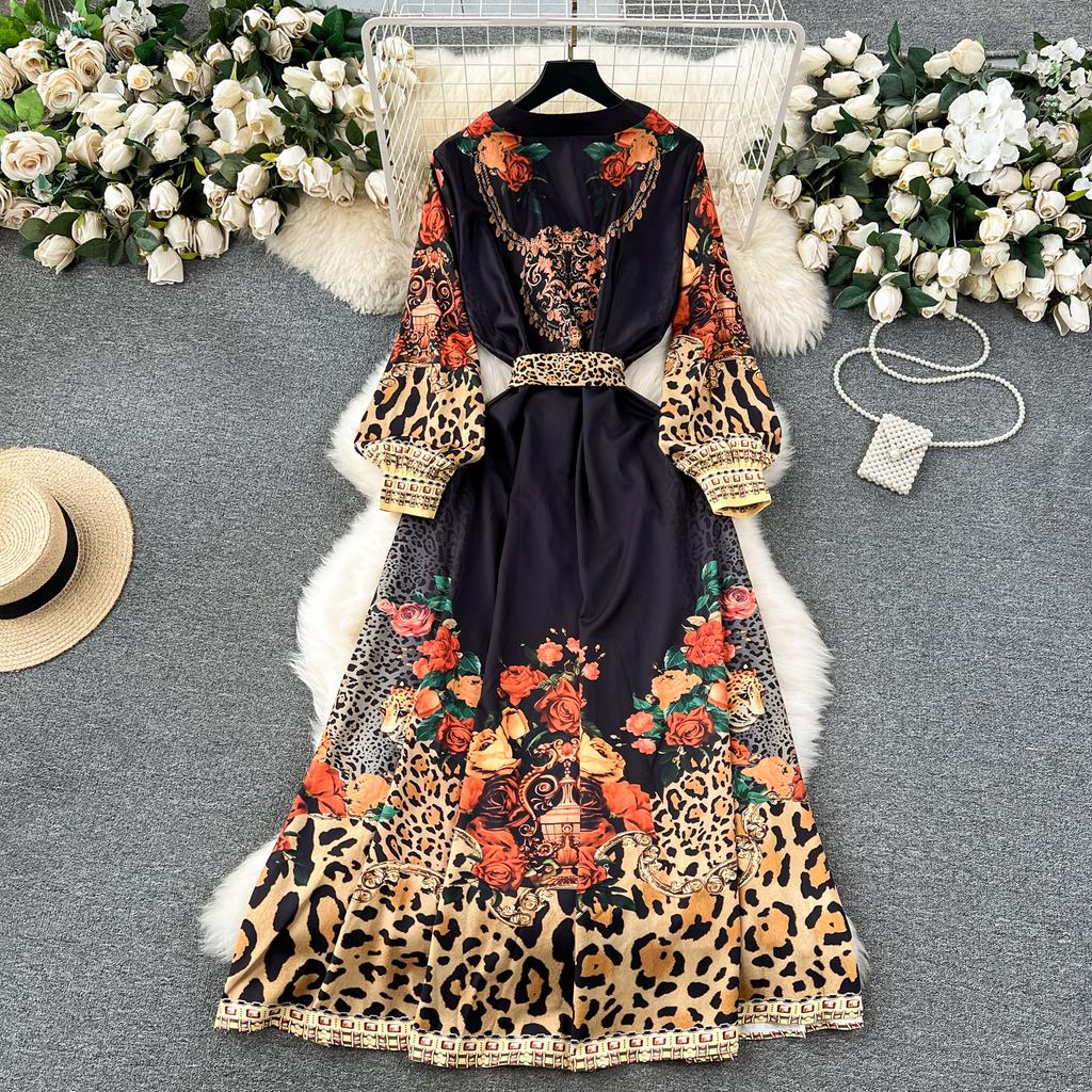 Весенне-осеннее женское винтажное праздничное платье с принтом и v-образным вырезом на шнуровке, длинное платье макси до щиколотки