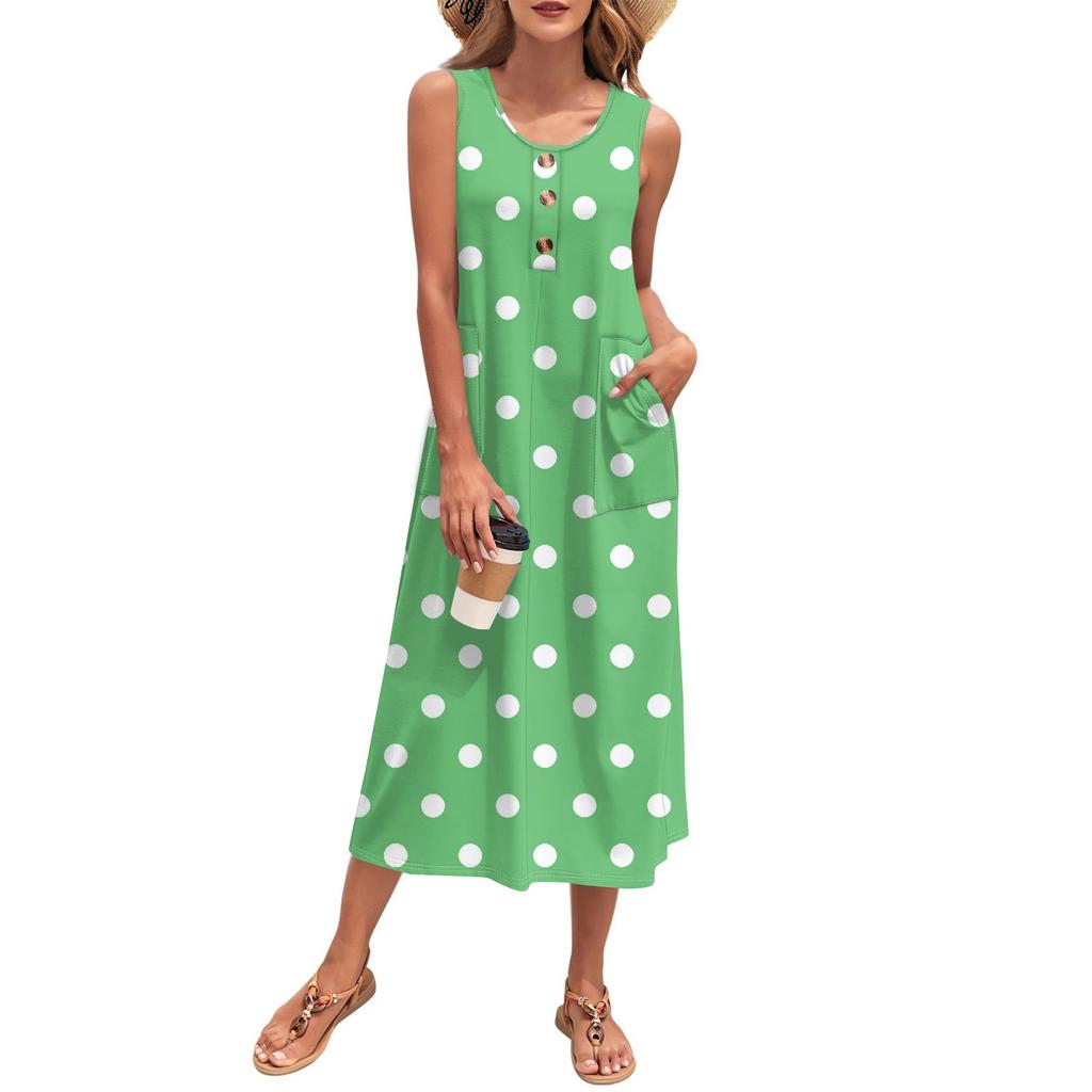 Women's Summer Polka Dot Print Dress Sleeveless Button Down Casual Loose Long Beach Sundress