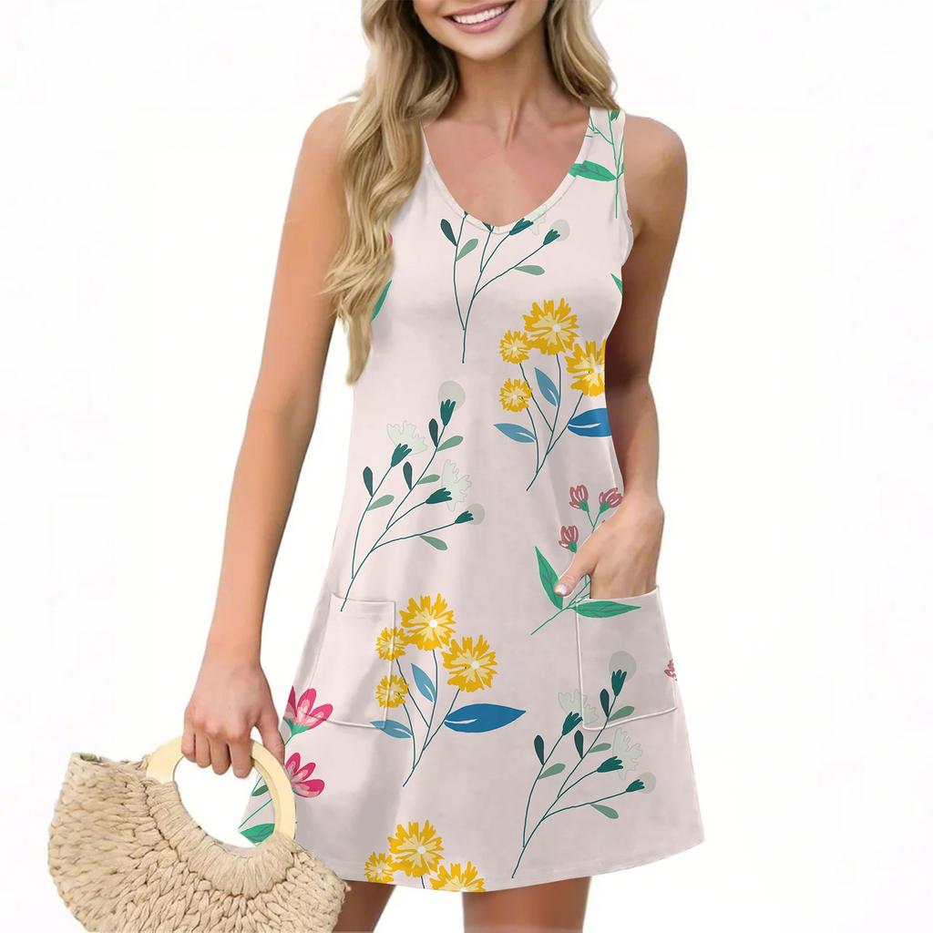 Женское повседневное летнее платье-жилет с карманами, цветочным принтом, V-образным вырезом, без рукавов
