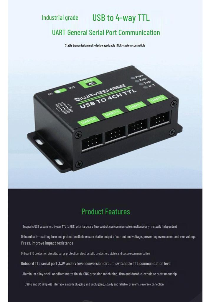 USB to 4-Way TTL/UART Serial Converter Module with Aluminum Alloy Casing, Compatible with Windows 8/10/Linux