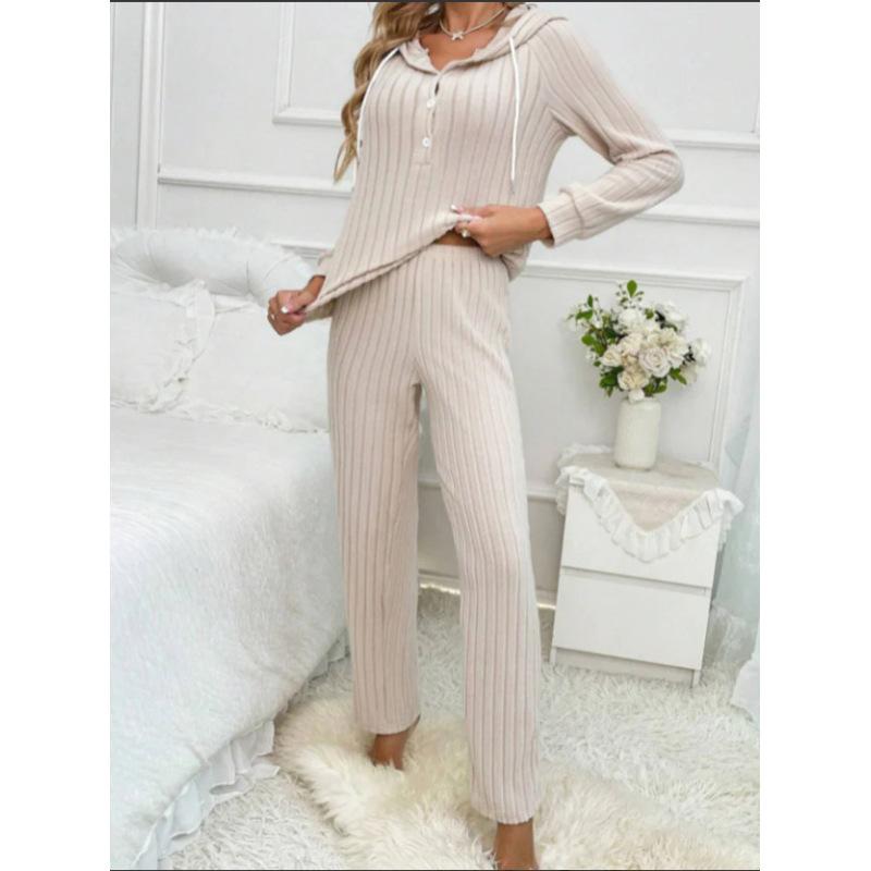 Women's Home Wear Set Casual Fashion Pit Strip Brushed Long-sleeved Hooded Button T-shirt Trousers