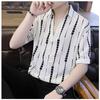 Men's Trendy Vertical Stripe Short Sleeve Ice Silk Shirt, Hong Kong Summer Style