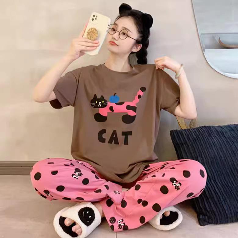 Женский летний мультяшный пижамный комплект - Круглый вырез, Короткий рукав, Легкие брюки для весны и осени