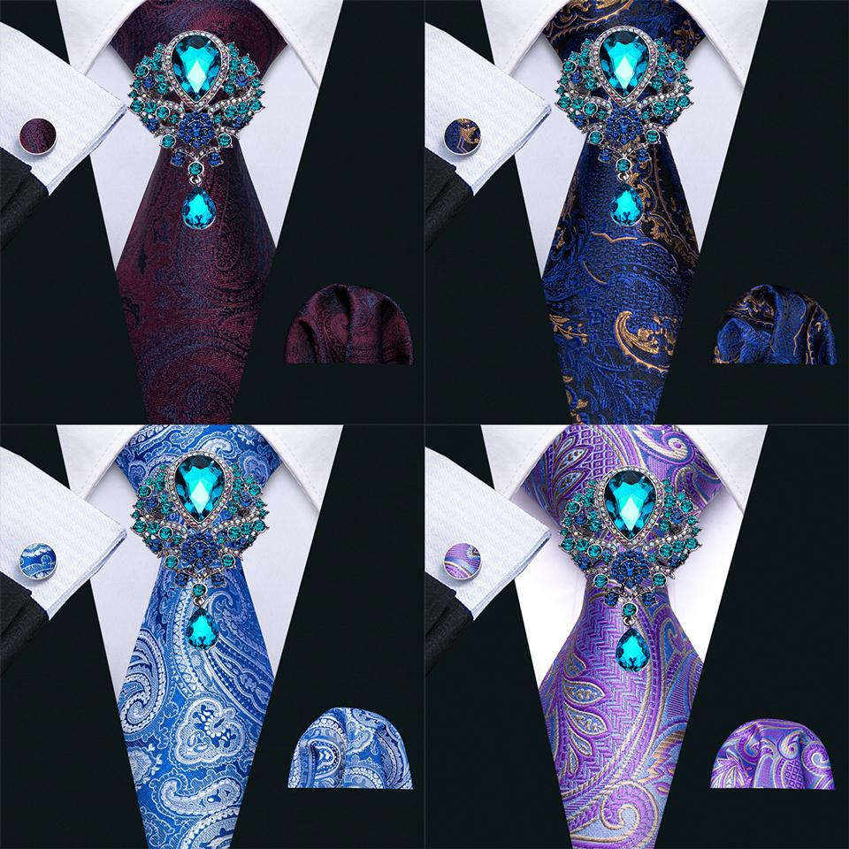 Barry.Wang Mens Luxury Ties with Brooch Hanky Cufflink Paisley Silk Necktie Woven Wedding Set