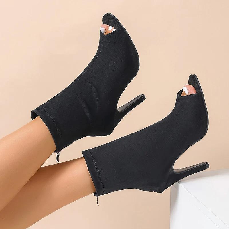 Autumn Women Peep Toe Ankle Boots Fashion Elegant Elastic Fabric Shoes High Heel Women's Zippers Morder Short Booties
