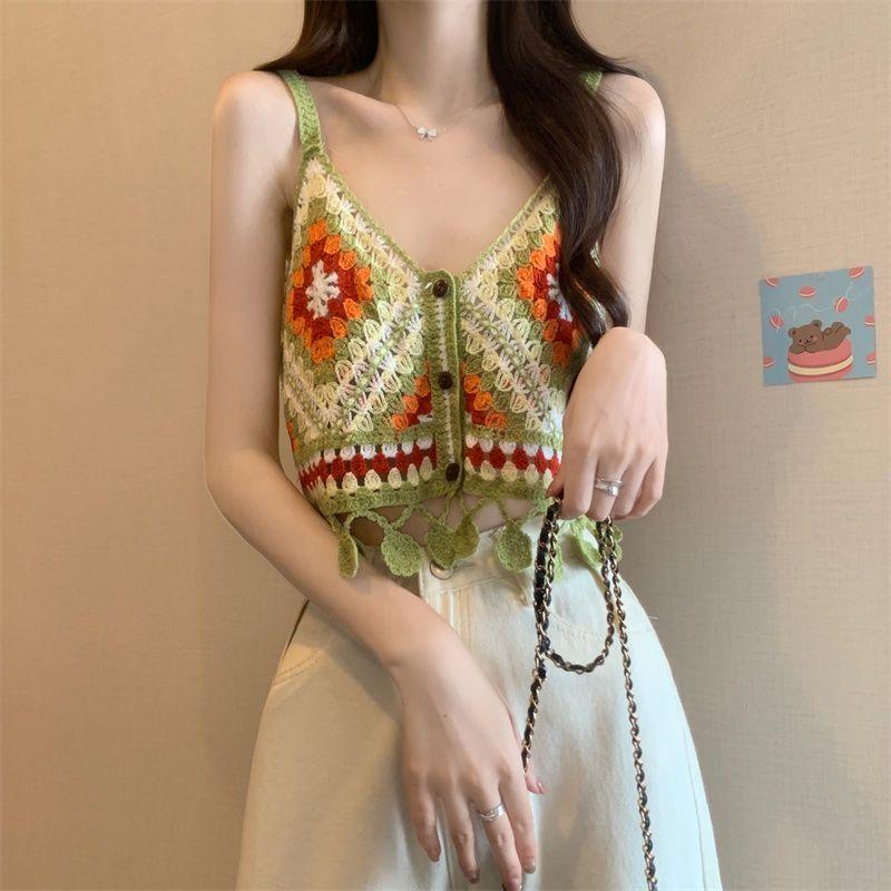 Короткий топ-топ в этническом стиле с полыми крючками и цветочным принтом, летний облегающий топ