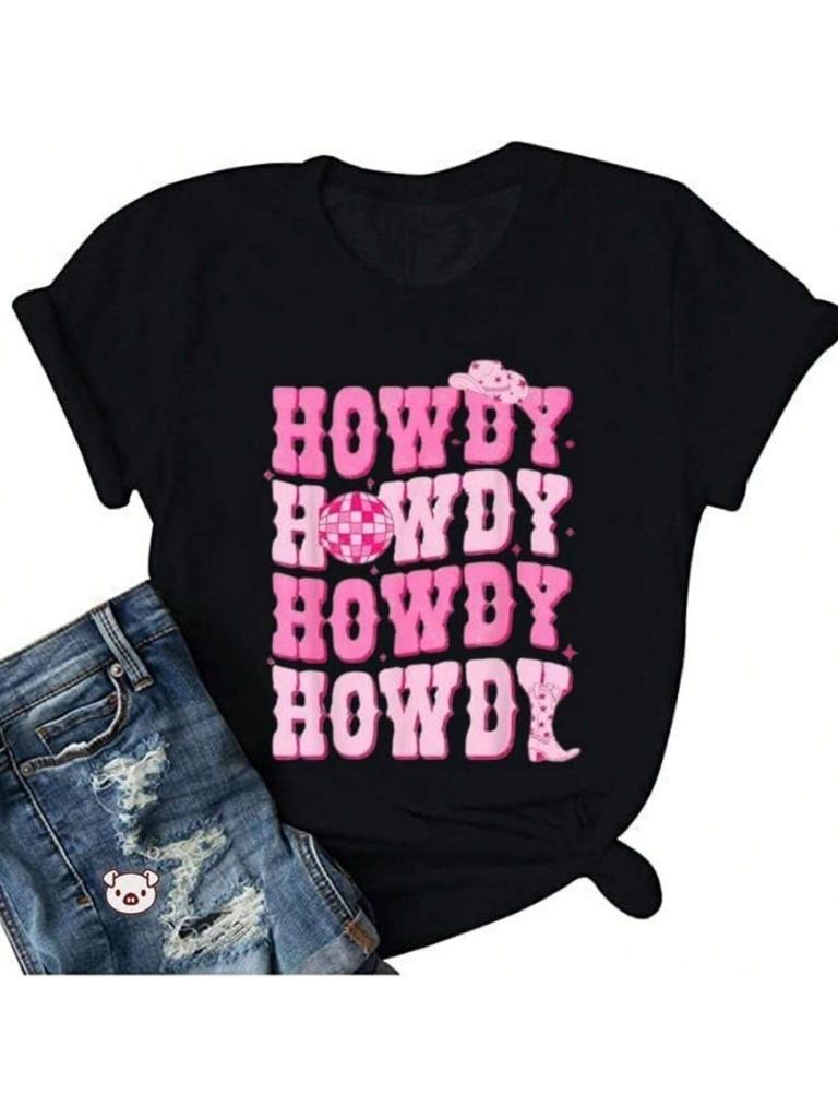 Ковбойская рубашка для женщин Футболки с принтом букв Howdy Винтажная западная ковбойская шляпа Графическая футболка
