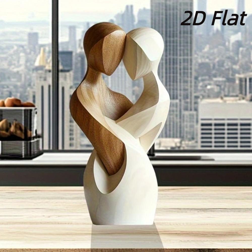 2D Couple Statue Artificial Wood Decorative Statue Creativity Flat Statue Desktop