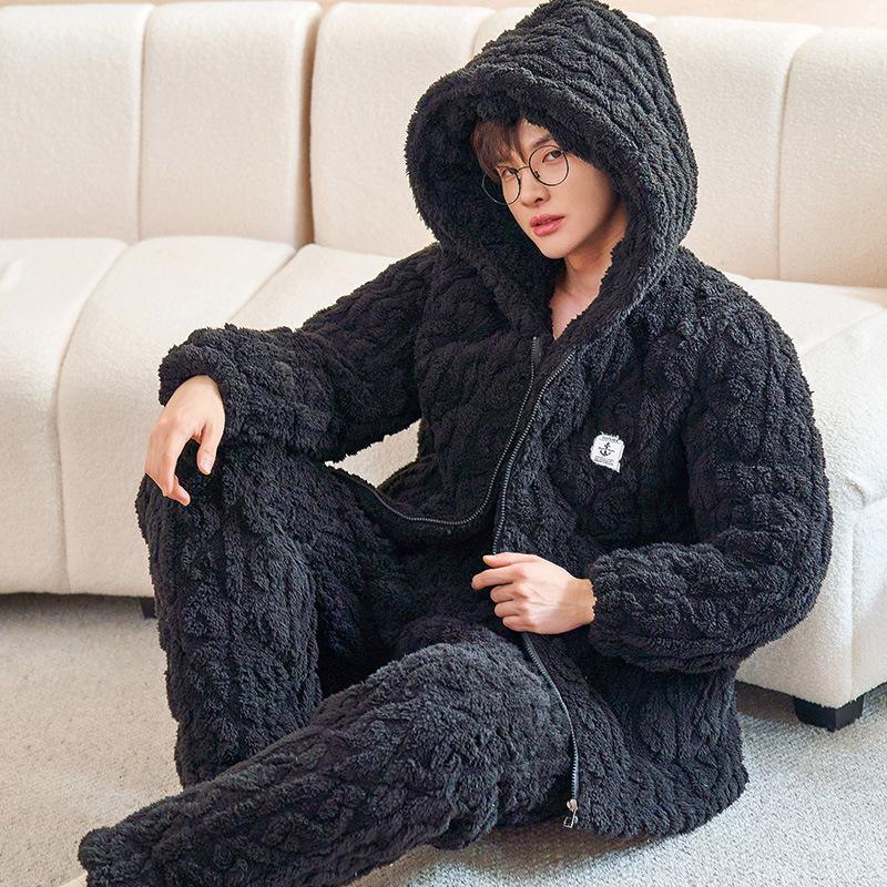 Men's Winter Hooded Quilted Pajama Set: Thick, Plush, Large Size Flannel Jacket