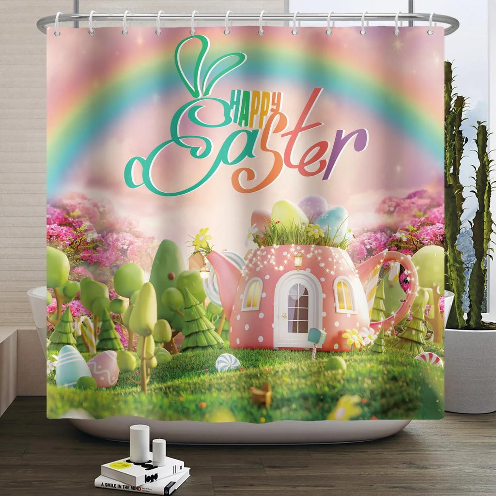 Весенняя Пасхальная Занавеска для душа Счастливый Кролик Кролик Яйца Цветочный Сад Цветочный Праздничный Водонепроницаемая Занавеска для душа для ванной комнаты с крючками