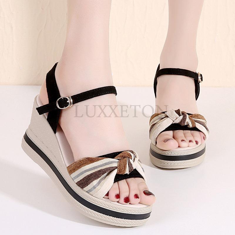 Women's Summer Wedge Sandals Fashion Platform Open Toe Bow Casual Shoes New Black Heightening Lightweight Beach Sandals