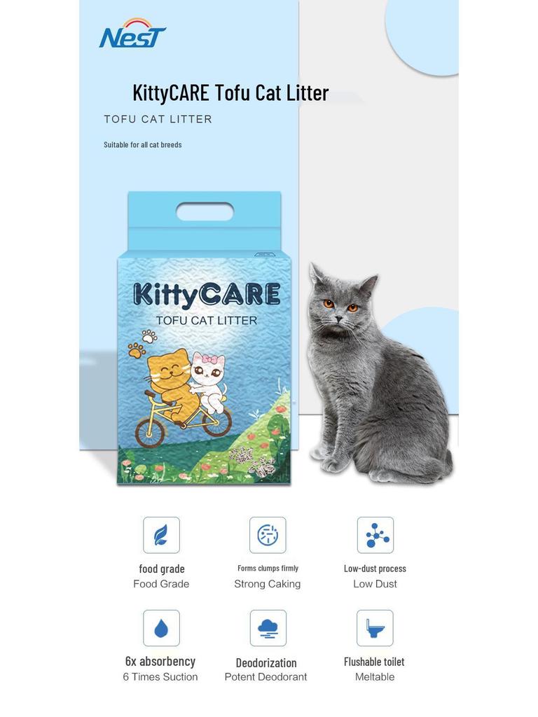 Тофу-наполнитель для кошачьего туалета Kittycare: Высокая впитываемость, Дезодорирующий, Смываемый в унитаз, Без пыли, Разные ароматы