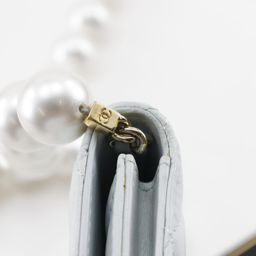 CHANEL Pearl strap flap wallet Shoulder Bag AP1838 Matelasse light blue leather/Fake pearl Women Used