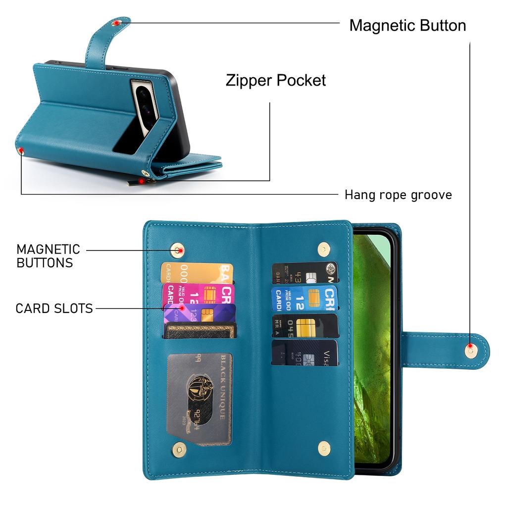 DF-011 Чехол для Google Pixel 8a Кожаный чехол для телефона с карманом на молнии, подставкой и плечевым ремнем