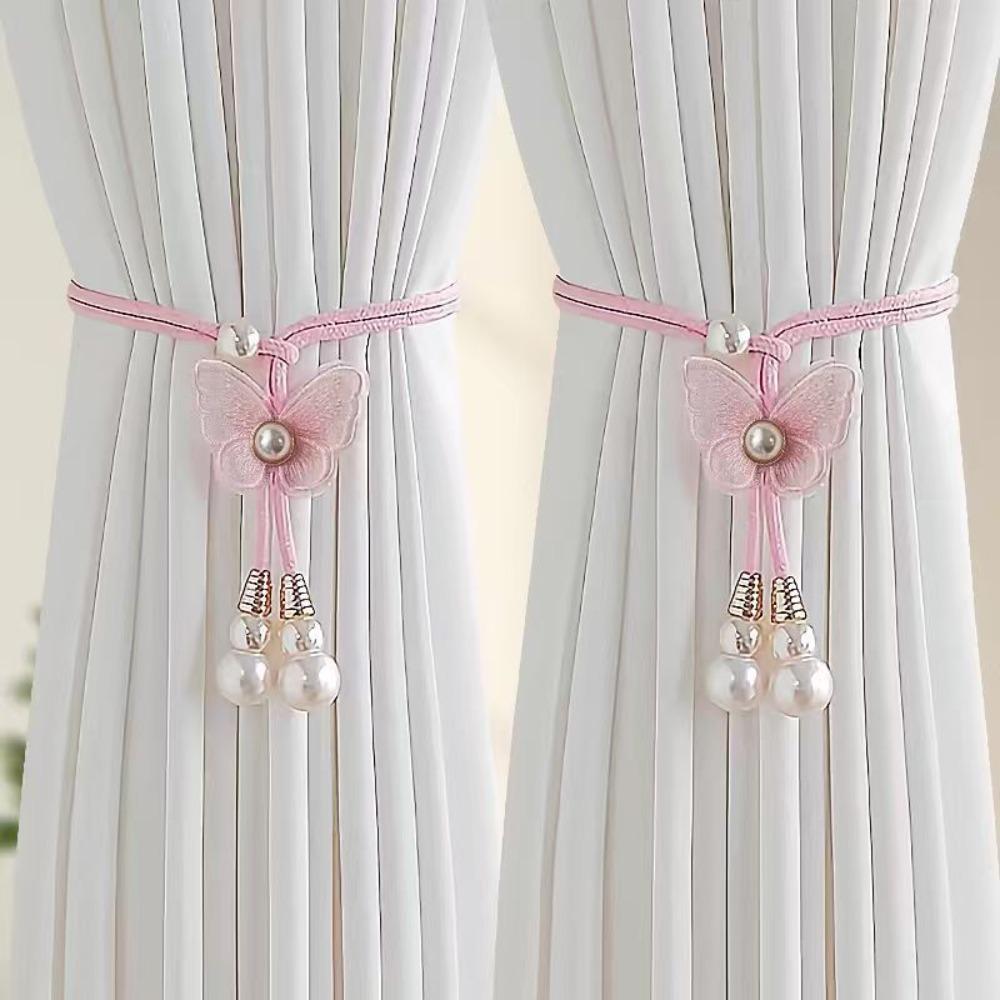 2PCS Adjustable Butterfly Curtain Tiebacks Curtain Holder Decorative Pearl Curtain Buckle Artificial Pearl Curtains Tie Rope