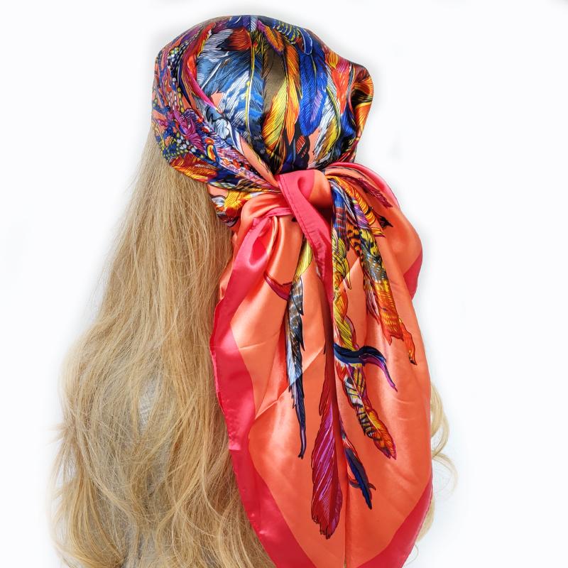 Spring And Autumn Female Satin Scarf,Big Square Scarves Hijabs Printed,Women Scarf,Purple Polyester Silk Scarf Shawl 90*90cm