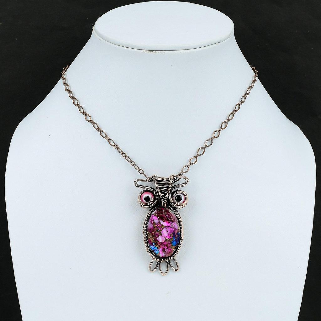 Kingman Розовый Георгин Бирюзовый Подвеска Медная Проволока Обернутая Подвеска Драгоценный Камень Подвеска Сова Медные Ювелирные Изделия Ручной Работы Розовый Цвет Подвеска Сглаза