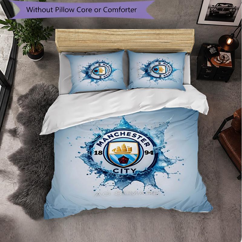 Manchester City 3 Piece Bedding Set Soft Duvet Cover Set with Pillowcases Printed Bedroom Decor Set for Home