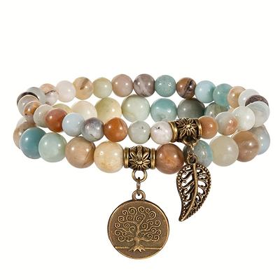 Подвеска на день рождения, подарок, браслет, набор, браслет дружбы, 2 шт./комплект, браслеты из натурального камня, круглая бусина, идеальный фестиваль, юбилей, дерево жизни, лист