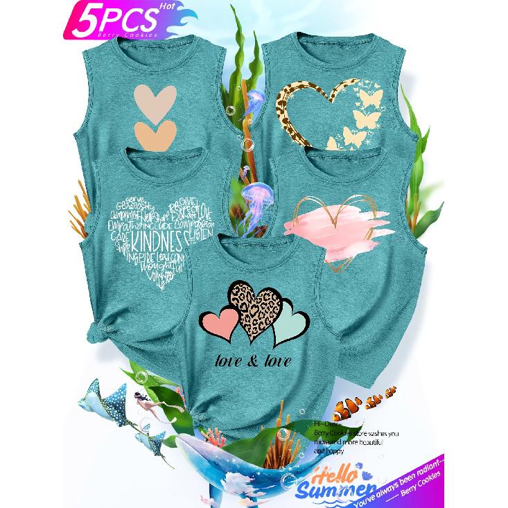 Five-piece set of matching tops for besties and sisters, featuring heart, leopard, and butterfly prints, stylish, elegant, vintage-inspired, new