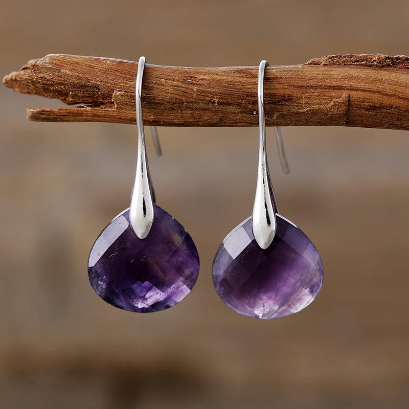 High-quality new simple and elegant water drop-shaped natural stone amethyst tiger eye earrings, earrings, European and American popular jewelry