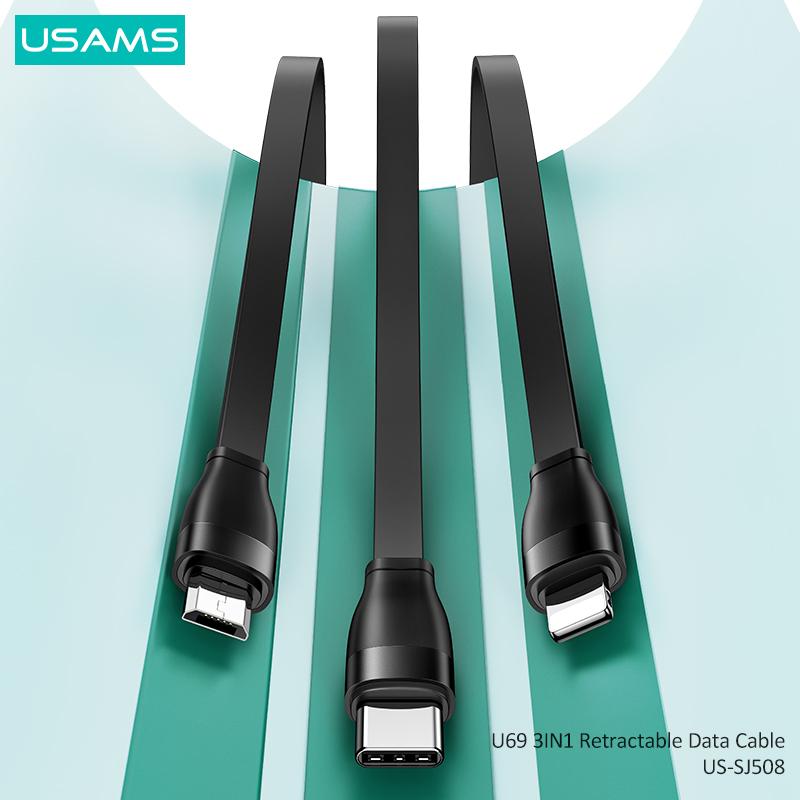 USAMS USB-кабель для зарядки 1 м 3 в 1 для iPhone, кабель Micro USB типа CData, выдвижной дизайн, USB-кабели для телефонов, аксессуары для телефонов