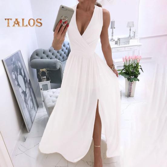 Женское вечернее платье с V-образным вырезом без рукавов, плиссированное подол с разрезом, тонкая талия, длина до пола, сплошной цвет, свадебное коктейльное платье для выпускного вечера, макси-платье